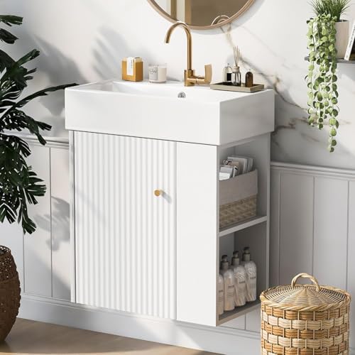 Virubi 21.6 in Floating Bathroom Vanity with Sink,Soft Closing Doors,Solid Wood Frame & MDF Modern Single Small White Bathroom Vanity Cabinet with Open Shelf,Wall Mounted