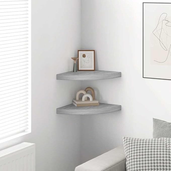 Wall Corner Shelf Set of 2, Floating Triangular Shelves for Bedroom Living Room, Modern Concrete Grey Honeycomb MDF Corner Display Rack, Easy Mount