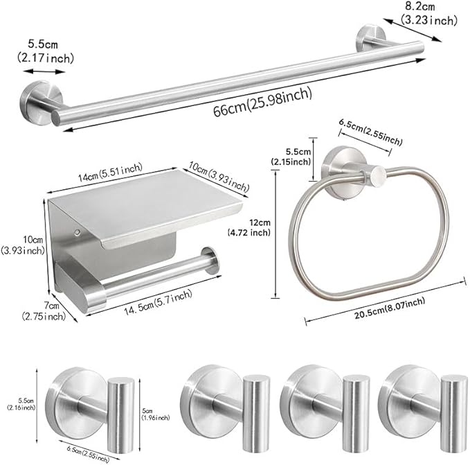 7-Piece Bathroom Hardware Accessories Set SUS304 Stainless Steel Towel Bar Set Wall Mounted 25.9-Inch Towel Rack, Towel Ring, Toilet Paper Holder with Shelf & 4 Hooks, Silver
