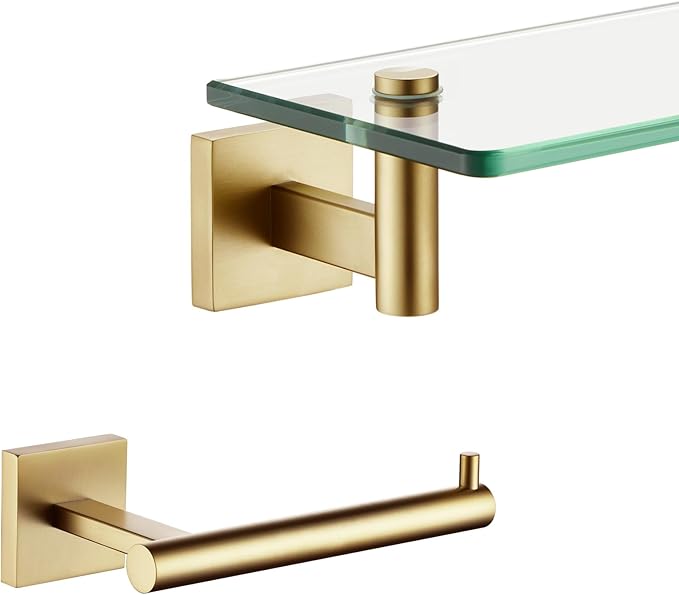 KOKOSIRI 20-Inch Bathroom Shelves Glass Floating Shelf Toilet Roll Holder Toilet Paper Holder Stainless Steel Brushed Gold B1105BG-L20+B2005BG
