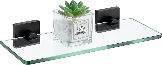 KOKOSIRI Glass Shelf Floating Bathroom Shelves 12-Inch for Shower Storage Home Decor Kitchen Hanging Rack Wall Mount, Black Stainless Steel B1107BK-L12