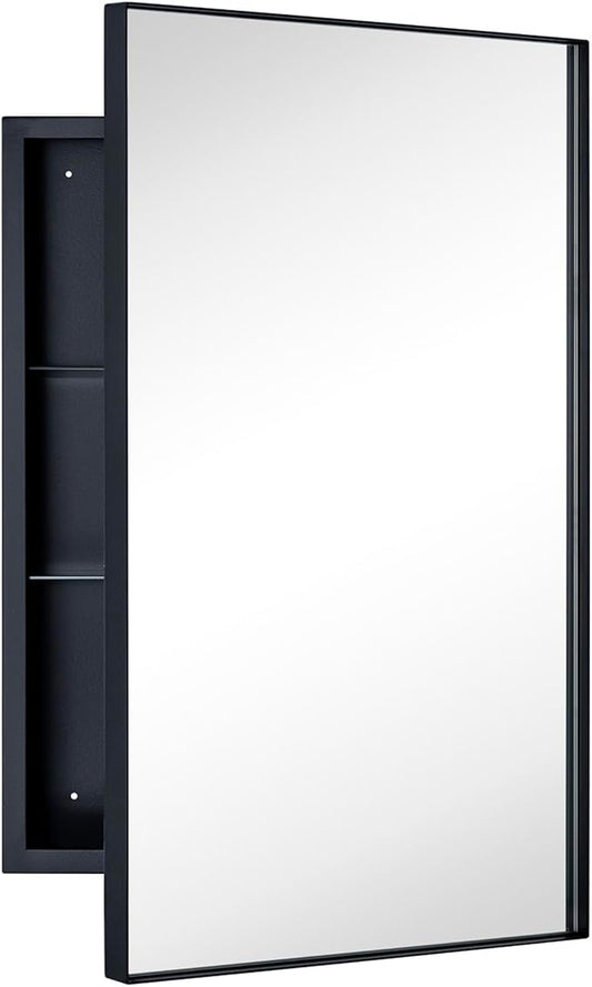 TEHOME Recessed Mount 16x26'' Squared Rectangle Matt Black Bathroom Medicine Cabinet with Mirror Black Metal Framed Rectanglular Medicine Cabinet 2 Adjustable Glass Shelves