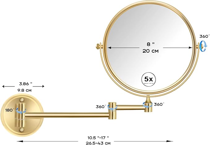 8 Inch Bathroom Makeup Mirror Wall Mounted Gold, 360 Swivel Vanity Mirror with Magnification, Extendable Arm, 1X/5X Two-Sided, Brass Material, Brushed Light Gold