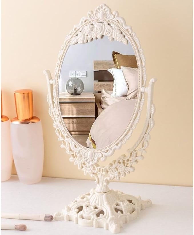 Retro Double Sided Tabletop Makeup Mirror, Oval Swivel Desktop Stand Mirror, 360 Degree Rotation Vintage Two-Sided Makeup Mirror