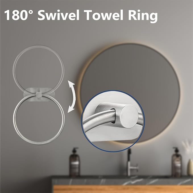 Self Adhesive Towel Ring and Toilet Paper Holder, No Drilling Stainless Steel Bathroom Hardware Set, Sturdy Bathroom Accessories for Home or Kitchen, Wall Mounted (Brushed Nickel)