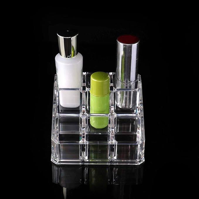 AKOAK 1 Count Transparent Acrylic Trapezoid Nine Grid Lipstick Storage Box, Dressing Table Small Lipstick Shelf Display Stand