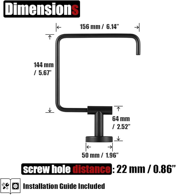 JQK Black Towel Ring, Stainless Steel Square Ring Towel Holder for Bathroom, 6 Inch Matte Black Wall Mount, TR140-PB
