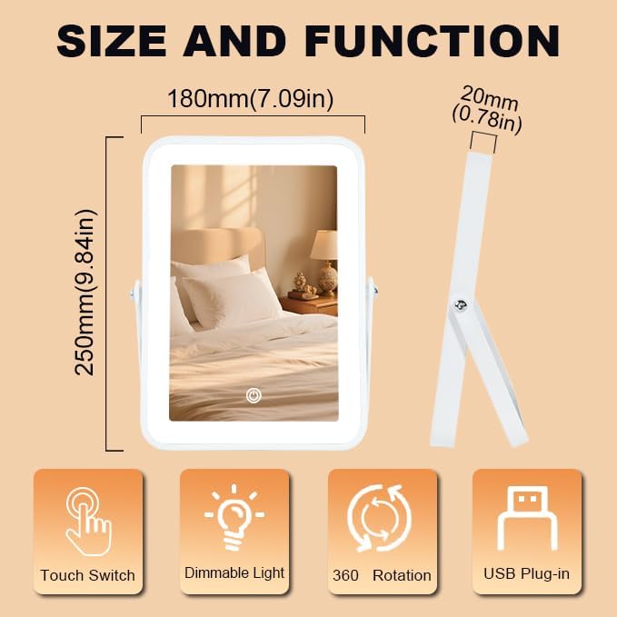 Rechargeable LED Vanity Mirror with Lights, 10"x7" Small Lighted Makeup Mirror, Portable Travel Desk Mirror, 3-Color Lighting, for Dorm, Bedroom, Gifts for Women