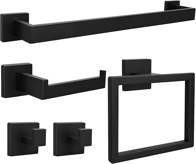 5pcs Bathroom Hardware Set, 24in Towel Bar Set, Including Square Towel Bar Square Towel Ring Toilet Paper Holder Towel Hooks, Set SUS304 Stainless Steel, Wall Mounted