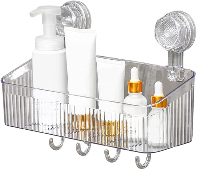 No-Drill Bathroom Suction Storage Box, 2026 Upgraded Suction Cup Wall Shelf, Portable Wall Mounted Bathroom Organizer for Shower, Durable Removable Storage Basket for Home (Transparent, Large)
