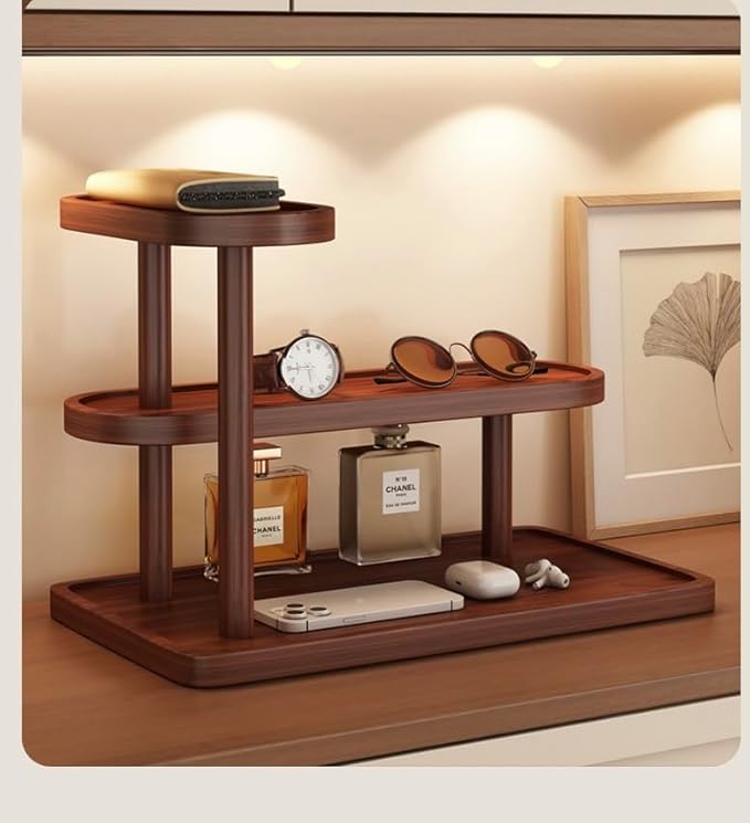 HealthEmpire 3-Tier Cosmetic Organizer Shelf for Countertop – Wooden Makeup & Skincare Storage Rack, Bathroom Vanity Display Stand for Perfume, Toiletries & Office Desk Organization (Brown)