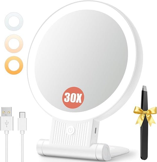 Auxmir 1X/30X Magnifying Mirror with Light, Double Sided Makeup Mirror with Adjustable 3 Color Light, 2000mAh Rechargeable Lighted Magnifying Mirrors with Tweezer, Foldable Travel Mirror with Rotation