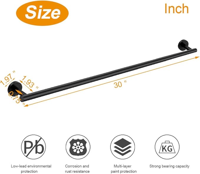 TocTen Bath Towel Bar - Thicken SUS304 Stainless Steel Bathroom Towel Holder, Towel Rod for Bathroom Heavy Duty Wall Mounted Towel Rack Hanger (30IN, Black)