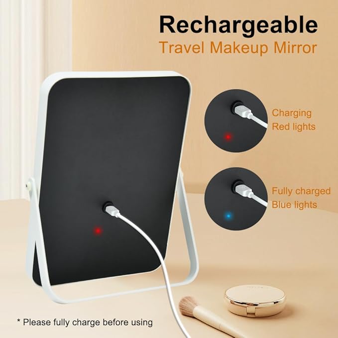 Rechargeable LED Vanity Mirror with Lights, 10"x7" Small Lighted Makeup Mirror, Portable Travel Desk Mirror, 3-Color Lighting, for Dorm, Bedroom, Gifts for Women