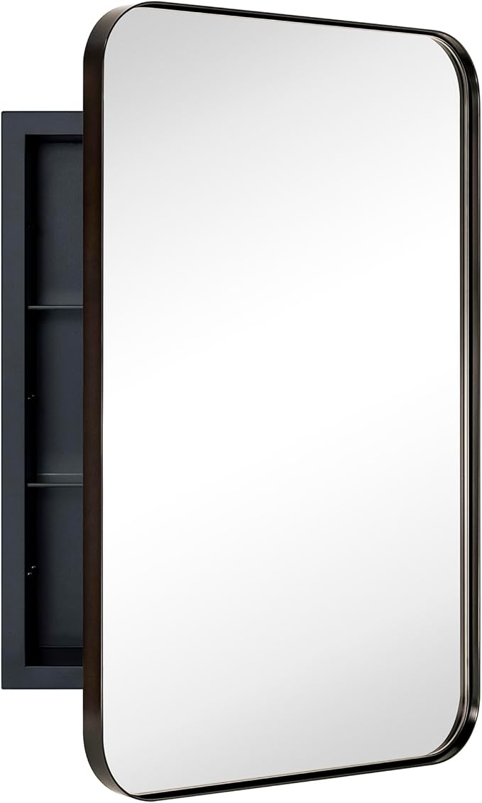 Oil Rubbed Bronze Rectangle Recessed Bathroom Medicine Cabinet with Mirror Stainless Steel Dark Bronze Metal Framed Rounded Rectangular Bathroom Cabinet with Mirror 16x24''