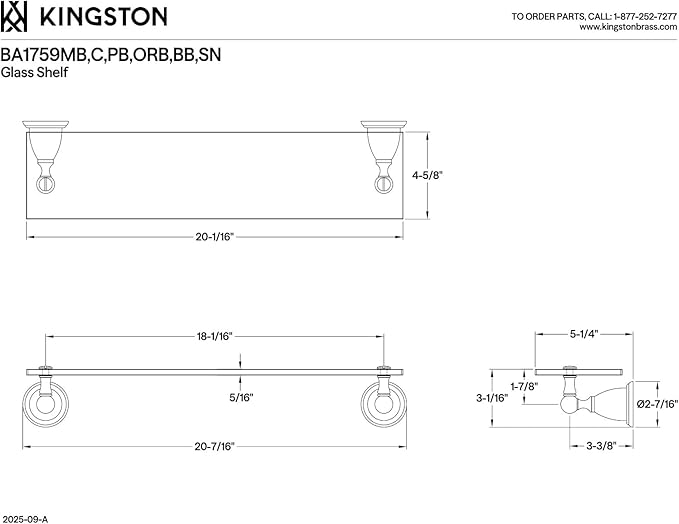 Kingston Brass BA1759SN Heritage Bathroom Glass Shelf, Brushed Nickel