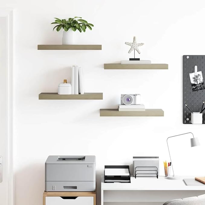 Floating Wall Shelves Set of 4, Invisible Mounting Oak Wood Look Display Shelves for Living Room, 19.7x9.1 Inches, Modern Rustic Home Decor for Books, Plants, Photos, Easy Install Durable MDF Board