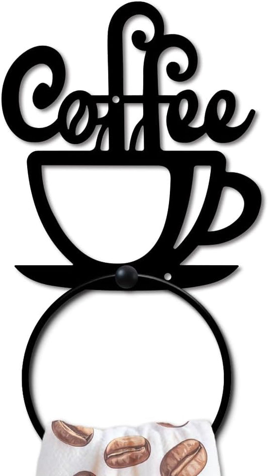 MAYJOYDIY Coffee Metal Towel Ring Tea Cup Towel Holder Afternoon Tea Coffee Wall Decor Towel Hanger Black Art Towel Rack Wall Mounted for Bathroom Kitchen Home Shop Decors Gift