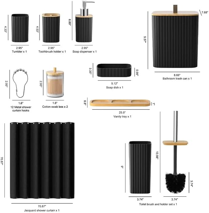 Bathroom Set - 22PCS Black Bathroom Accessories Set Trash Can Toilet Brush Holder Set Soap Dispenser Bathroom Accessory Set with Shower Curtain Bathroom Decor Set for Home, Restroom