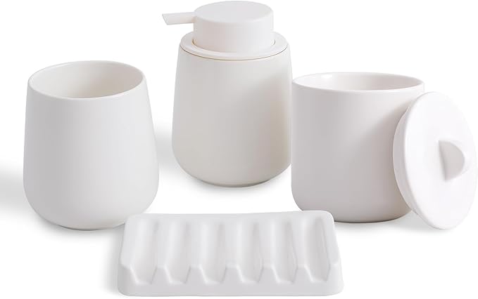 Agyiuns Ceramic Bathroom Accessories Set, Lotion Soap Dispenser and Toothbrush Holder Set, Soap Dish, Apothecary Jars,4 Pieces for Home Modern Bathroom Decor Vanity Countertop(White Set - Liquid)