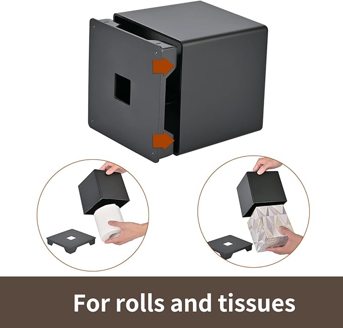 Y-in Hand Tissue Box Cover, Square Facial Tissue Holder Storage for Bathroom Vanity, Countertops, Dressers, Night Stand, Parlors and Offices - Black