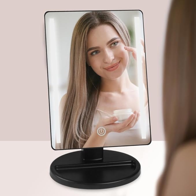 Lighted Makeup Mirror with Lights Vanity Makeup Mirror with Adjustable Brightness and 180 Degree Rotation Touch Screen Dual Power Supply Gifts for Teens Girls Women (Black)