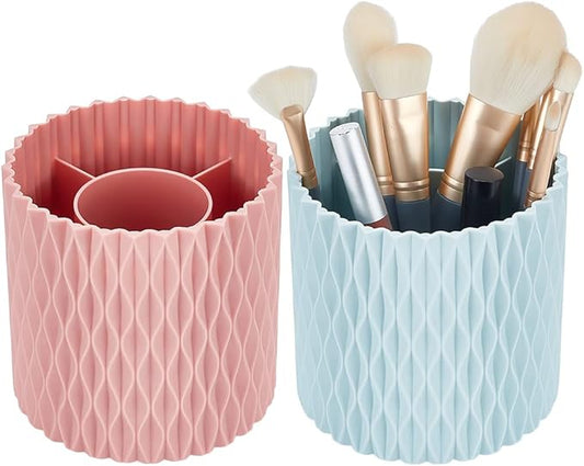 CRASPIRE 2 Colors Makeup Brush Holder Organizer 360 Rotating Multi Functional Pen Holder Small for Desk Purpose Stationary Storage Lipsticks Comb Beauty Tool in Vanity Forks Spoons Container Pink Bule