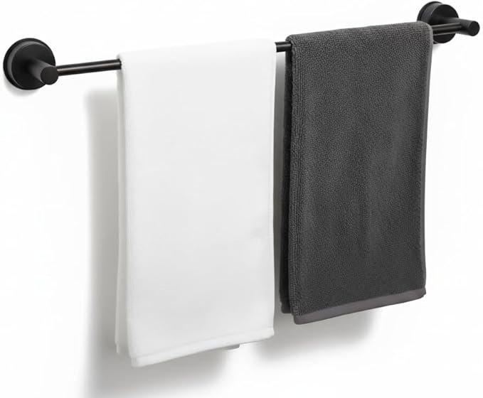 Suction Cup Towel Bar 17-28 Inch Adjustable Retractable Stainless Steel Towel Rack for Bathroom, RV & Renters - No Drill Heavy Duty Wall Mounted Holder, Removable for Glass & Tile (1, Black)