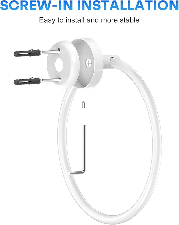 Hand Towel Holder Screw-in Stainless Steel Towel Ring for Bathroom Wall White Towel Hanger Round Towel Racks for Bathroom Decor and Accessories, 2 Packs