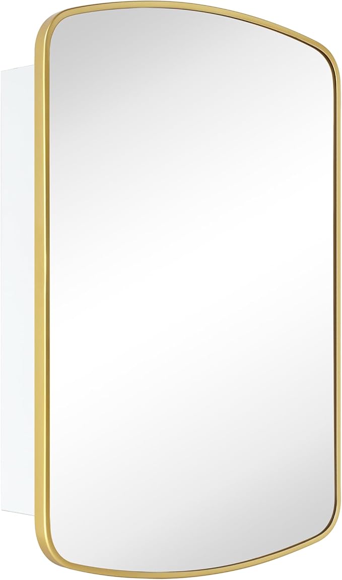 Brushed Gold Arched Recessed and Surface Mount Bathroom Medicine Cabinet with Mirror Metal Framed Rectangular Bathroom Cabinet with 3 Tempered Glass Adjustable Shelves 18x27''
