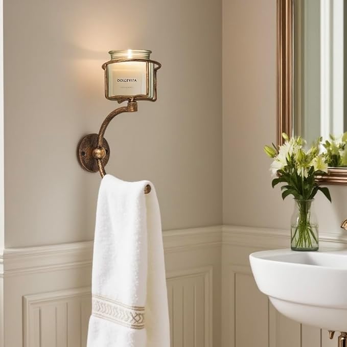 C-Shaped Towel Ring with Top Storage Basket – Unique Space-Saving Wall Mount Holder for Towels, Candles, Plants & Toiletries, Decorative Metal Accent for Bathroom or Kitchen