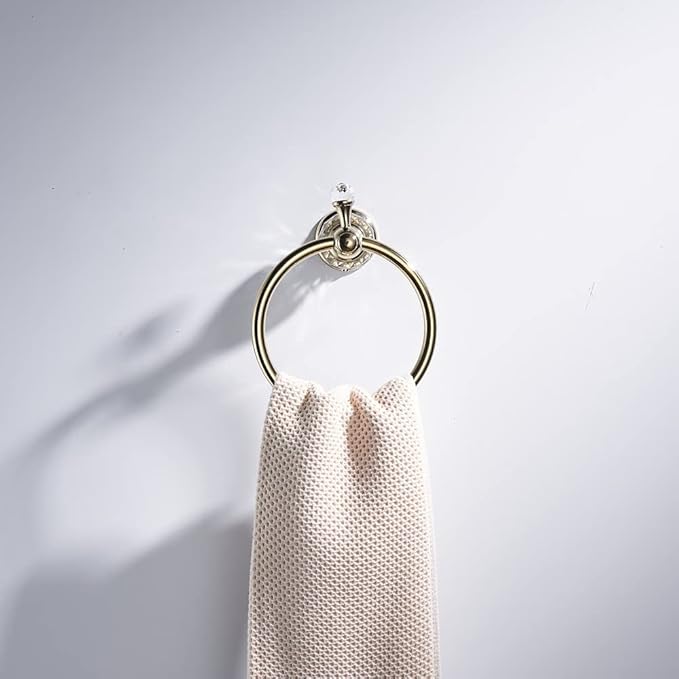 WOLIBEER Gold Towel Ring, Crystal Hand Towel Holder Polished Brass Bling Towel Bar Bathroom Accessories Wall Mounted