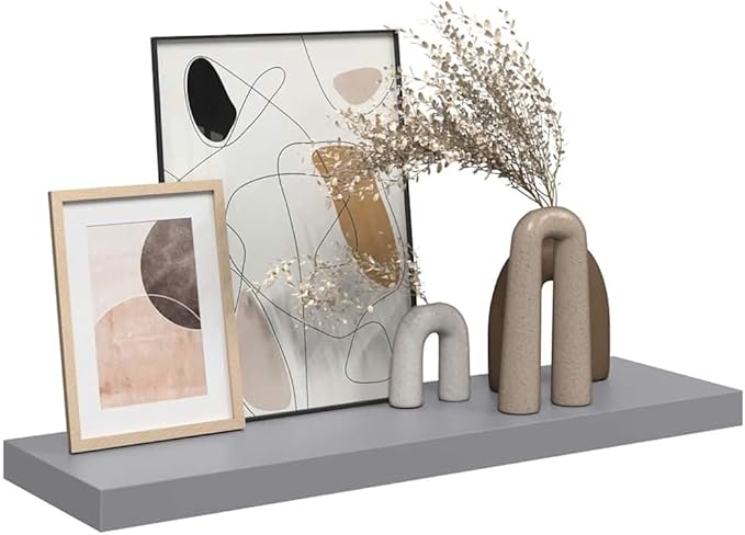 Floating Wall Shelf 31.5 Inch, Modern Rectangular Wood Shelf for Bedroom Living Room, Matte Grey MDF Display Storage Organizer with Invisible Mounting Hardware