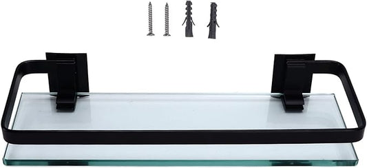 Bathroom Rack Thickened Tempered Glass Shelf, Single Layer Bathroom Storage Rack with Strong Load Bearing Capacity, Large Space Black Shelf for Toilet Sink Wall Mount