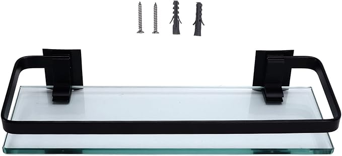 Black Bathroom Rack, Thickened Tempered Glass Shelf, Large Storage Space with Strong Load Bearing Capacity, Single Layer Bathroom Shelf for Towels and Cosmetics, Easy to Install