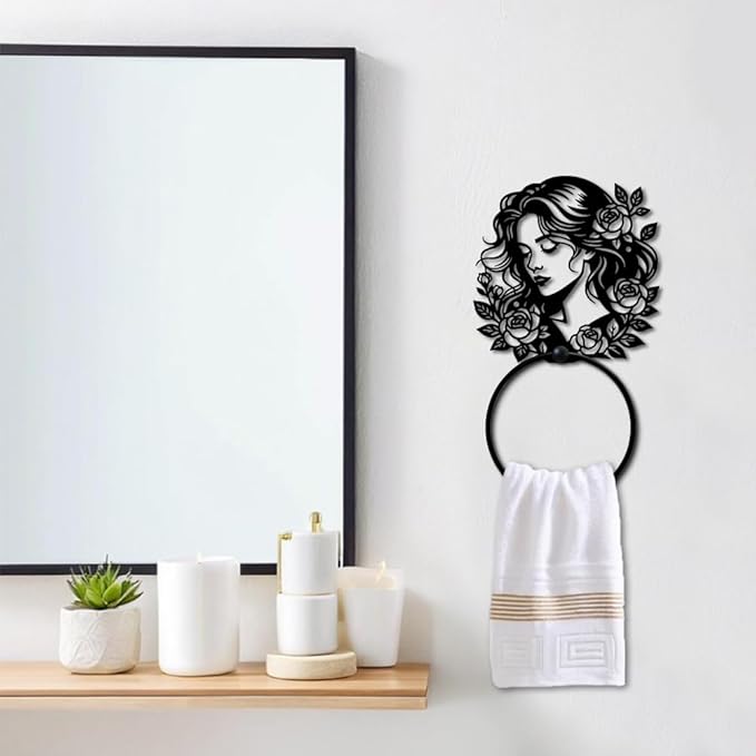 MAYJOYDIY Woman and Flowers Metal Towel Ring, Branch Leaves Black Hand Towel Holder, Romantic Rose Lady Hanging Ring Wall Mounted Bathroom Accessories for Bathroom Kitchen Home Decoration Gift