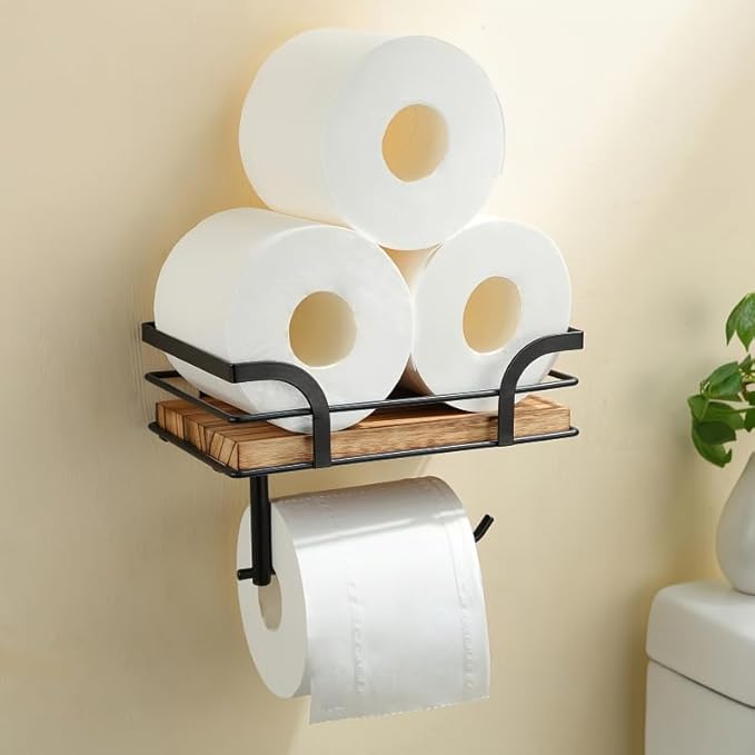 Bathroom Shelf Over Toilet, Wall Mounted Tissue Holder and Storage Shelf, Space Saver Organizer for Bathroom with Wood Board, Black
