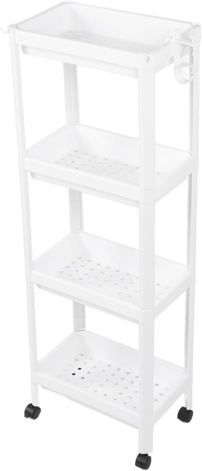Narrow Freestanding Bathroom Shelf, Space Saving Storage Rack White Laundry Shelf for Bathroom Laundry Room Kitchen Bedroom Compact Areas (4 Layers (with Wheels))