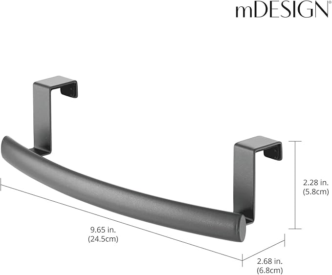 mDesign Steel Over Door Curved Towel Bar Storage, Hanger for Cabinet or Cupboard, Holder Rack for Kitchen, Bathroom - Holds Hand/Dish Towels, Washcloths - Spira Collection - 2 Pack - Graphite Gray