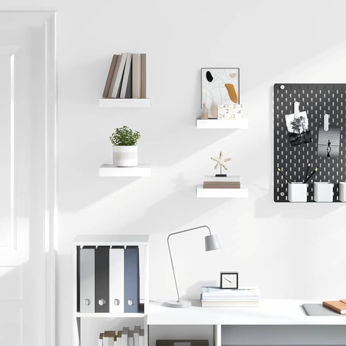 Set of 4 Floating Wall Shelves, Modern High Gloss White Square Shelves for Wall Storage, Decorative Display Shelves for Bedroom, Living Room, and Office, Easy to Install