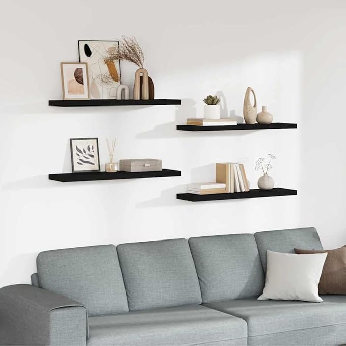Set of 4 Floating Wall Shelves, 35.4-inch Modern Matte Black Decorative Display Ledges for Books, Photos, and Collectibles, Sturdy MDF Wall Mount Storage Shelving Unit for Living Room and Office