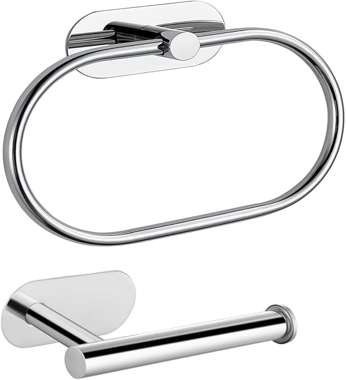 Toilet Paper Holder/Towel Ring Self Adhesive, Eolax No Drilling Chrome Bathroom Hardware Accessories, Stainless Steel Sticky Toilet Roll Hanger and Hand Towel Holder, 2 Pieces