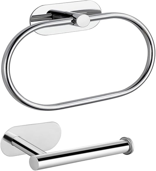 Toilet Paper Holder/Towel Ring Self Adhesive, Eolax No Drilling Chrome Bathroom Hardware Accessories, Stainless Steel Sticky Toilet Roll Hanger and Hand Towel Holder, 2 Pieces