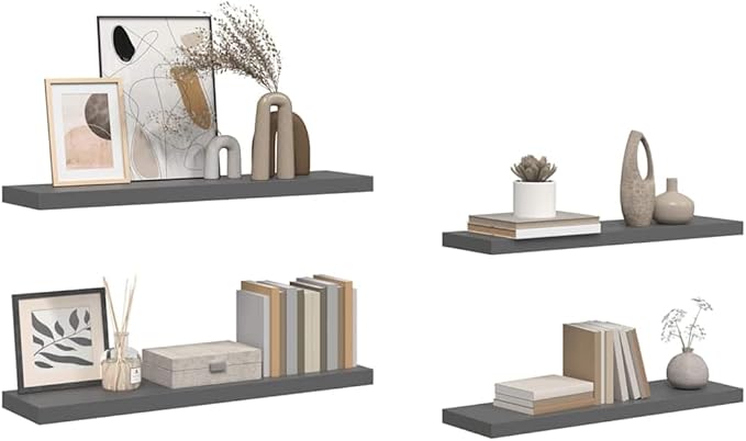 Set of 4 Floating Wall Shelves, High Gloss Grey Honeycomb MDF Decorative Display Ledge for Bedroom, Living Room, Office, 35.4 Inch Modern Storage