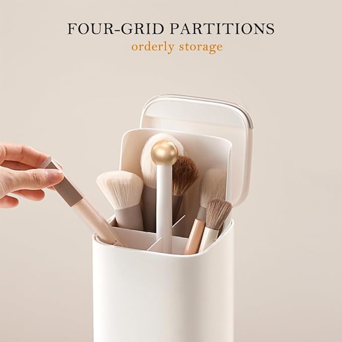 Makeup Brush Holder with Lid, Push Pop-Up Makeup Brush Organizer,4 Slots Makeup Cosmetics Organizerfor Vanity Decor, Bathroom Countertop ,Large Capcity, Dustproof,Waterproof | White and Gold