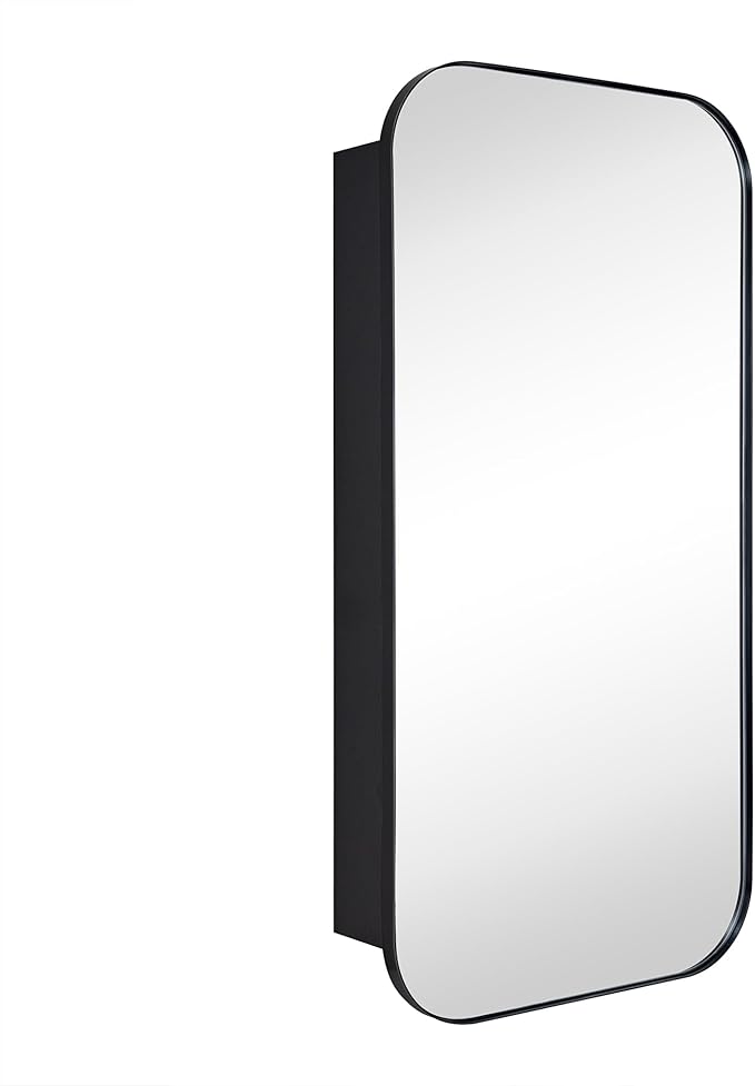 TEHOME Black Rectangle Long Bathroom Medicine Cabinet with Mirror Matt Black Recessed and Surface Mount Stainless Steel Metal Framed Rounded Rectangular Bathroom Cabinet with Mirror 20x40''