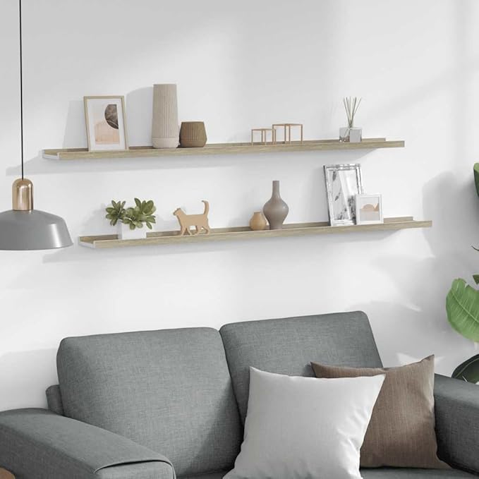 Floating Wall Shelves Set of 2, White and Sonoma Oak Wood Look, 45.3 Inch Long Modern Farmhouse Shelves for Living Room, Bedroom, Bathroom, Sturdy MDF Storage for Decor, Books, Plants