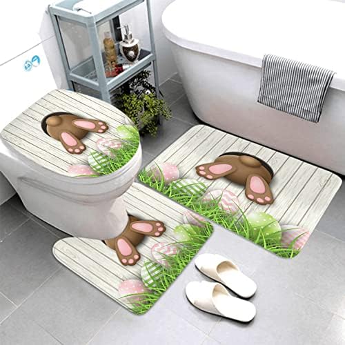 LOKMU 4 Pcs Shower Curtain Sets with Non-Slip Rugs, Toilet Lid Cover and Bath Mat,Easter Bunny on White Wooden Waterproof Shower Curtain with 12 Hooks, Bathroom Decor Sets, 72" x 72"