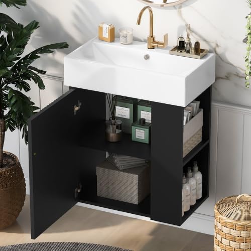 Virubi 21.6 in Floating Bathroom Vanity with Sink,Soft Closing Doors,Solid Wood Frame & MDF Modern Single Small Black Bathroom Vanity Cabinet with Open Shelf,Wall Mounted