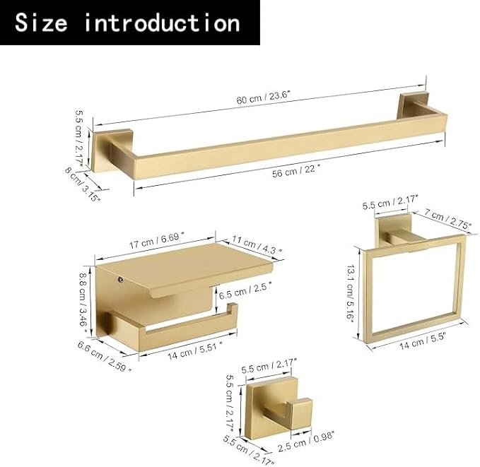 10-Piece Brushed Gold Bathroom Hardware Set SUS304 Stainless Steel, 2×23.6" Towel Bars, 2 Towel Rings, 2 Toilet Paper Holders & 4 Towel Hooks Wall Mounted Bathroom Accessories Set